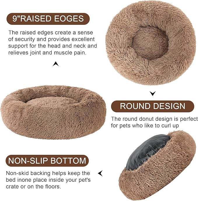Dog Calming Beds for Small Medium Large Dogs - Round Donut Washable Dog Bed, Anti-Slip Faux Fur Fluffy Donut Cuddler Anxiety Cat Bed(36" Khaki)