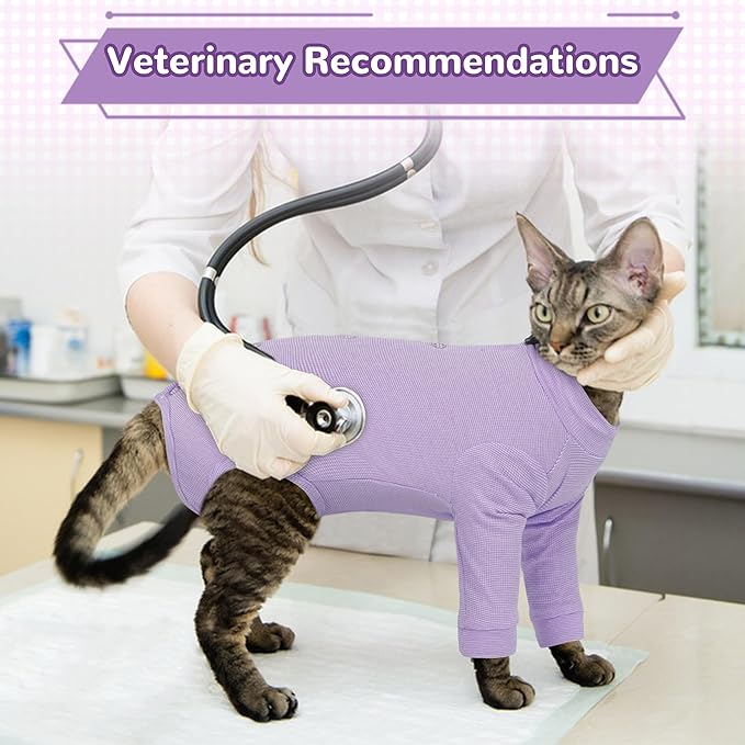 PUMYPOREITY Cat Front Leg Recovery Suit, Surgical Spay Suit with Leg Sleeves to Stop Licking, Machine Washable & Comfort Fit, Long Rear Sleeve Prevents Scratching & Biting, Purple, S