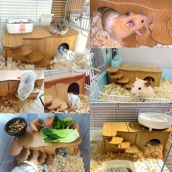 Hamiledyi Hamster Hideout with Ladder Dwarf Hamster Wooden Maze Tunnel Platform Multi Chamber Exploring Toy Habitat Decor for Gerbil Syrian Mouse Small Animal, Brown