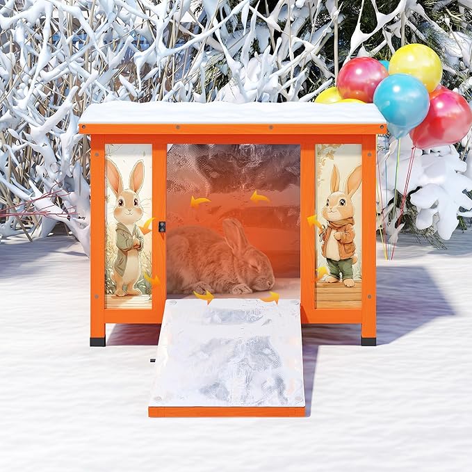 COZIWOW 24inches Insulated Cat House Outdoor Heated Indoor Small Animal House,Rabbit Cage Outdoor,Suitable for Small Cats, Rabbits, with Warm Liner for Winter(Orange with Warm)