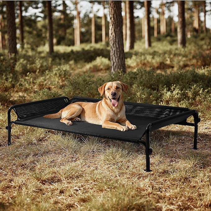 Gardner Pet Elevated Dog Bed Large Sized Dog, Outdoor Raised Bed Waterproof Portable Cooling Cot Pet Hammock Bed with 3-Sided Guardrail, Breathable Mesh, Black, 49 Inches