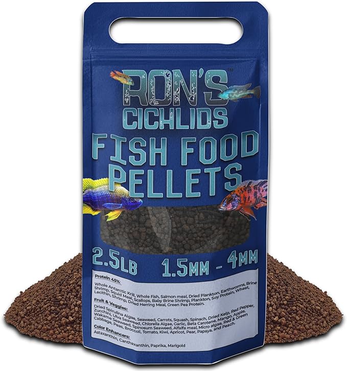 RON'S CICHLIDS Fish Food Pellets - USA Made Slow Sinking Pellets & Sticks Feed, Low Fillers, Koi, Pond, Goldfish, Tetra, Pleco, Oscar, Angelfish & Tropical Aquarium Fish, 1.5-4mm, Adult Blend 2.5 LB