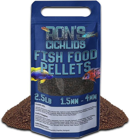 RON'S CICHLIDS Fish Food Pellets - USA Made Slow Sinking Pellets & Sticks Feed, Low Fillers, Koi, Pond, Goldfish, Tetra, Pleco, Oscar, Angelfish & Tropical Aquarium Fish, 1.5-4mm, Adult Blend 2.5 LB