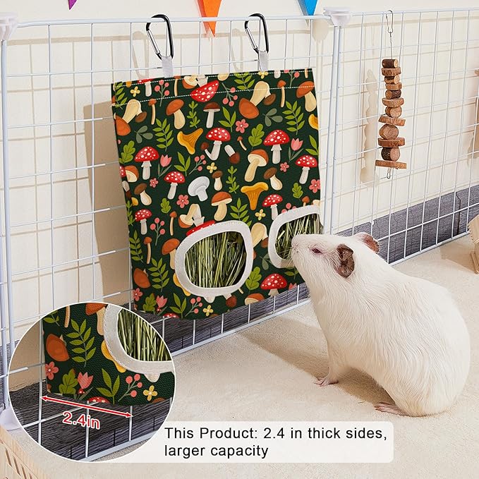 Glittme 3 Pack Guinea Pig Hay Feeder, 11.5x9 Inch Hay Bag for Rabbits, Hanging Hay Holder for Guinea Pigs Cage Hay Feeder for Bunny, Small Pets,Green Mushroom