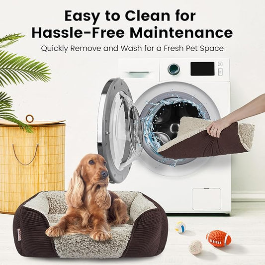 Miguel Washable Dog Bed with Removable Cushion for Small Dogs, Easy to Wash Pet Sofa Bed with Side, Rectangle Bolster Cat Bed Calming Cuddle Puppy Bed with Anti-Slip Bottom, Dark Brown 18 Inch