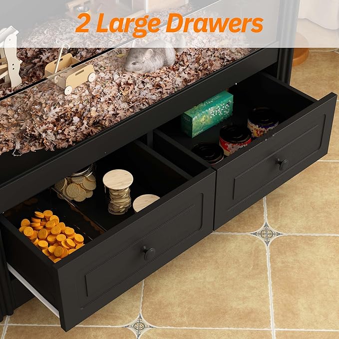 Guinea Pig Cages, Small Animal Hamster Critter Nation Cage and Habitats, Small Animal Observation Box, Guinea Pig Cabinet with 2 Layers, 2 Large Drawers, Black