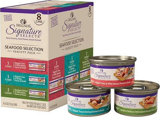 Wellness CORE Signature Selects Flaked Adult Wet Cat Food, Natural, Protein-Rich, Grain Free, 2.8 Ounce, 8 Pack (Seafood Variety Pack)