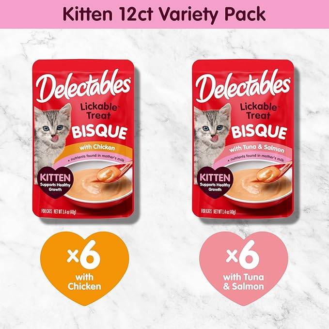 Hartz Delectables Bisque for Kittens, Complete & Balanced Variety Pack Cat Wet Lickable Treats, 12 Count