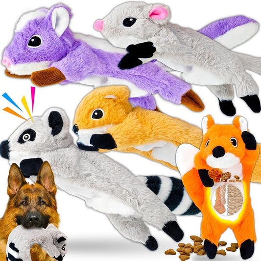 5-Pack Partially Stuffed Dog Toys - Squeaky, Crinkle & Belly Treat Hiding Pocket, Lightly Filled Head & Unstuffed Body, Tough Plush for Large/Medium Aggressive Chewers to Keep Them Busy