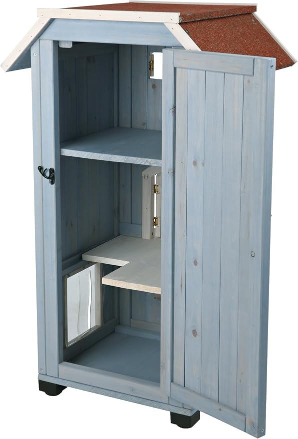 TRIXIE 'Cat's Home' Outdoor Cat House, Weatherproof 3-Story Cat House, Hinged Shutters with Latch & Perch, 2 Doors, Outdoor Shelter for Cats and Small Animals, Blue / White Pine Wood
