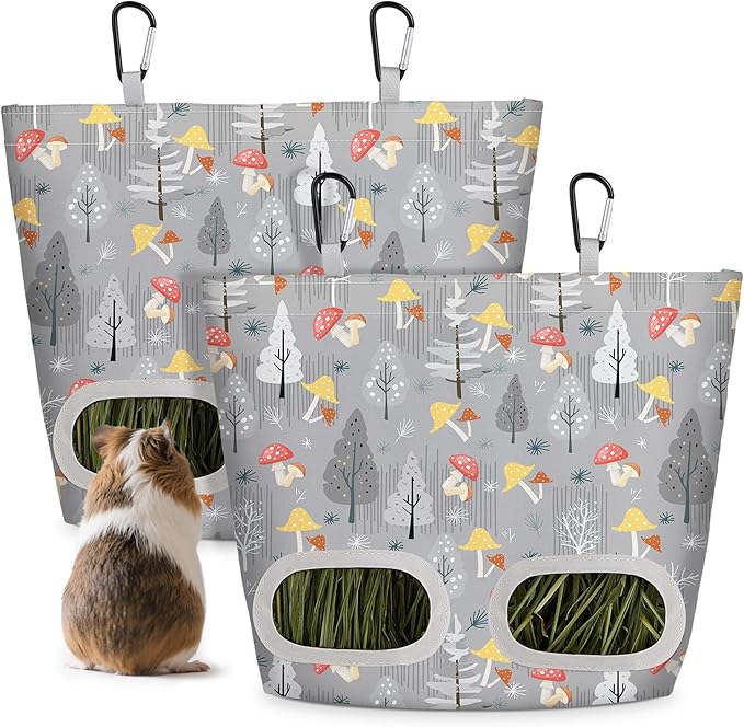 Glittme 2 Pack Guinea Pig Hay Feeder, 11.5x9 Inch Hay Bag for Rabbits, Hanging Hay Holder for Guinea Pigs Cage Hay Feeder for Bunny, Small Pets,Grey Mushroom