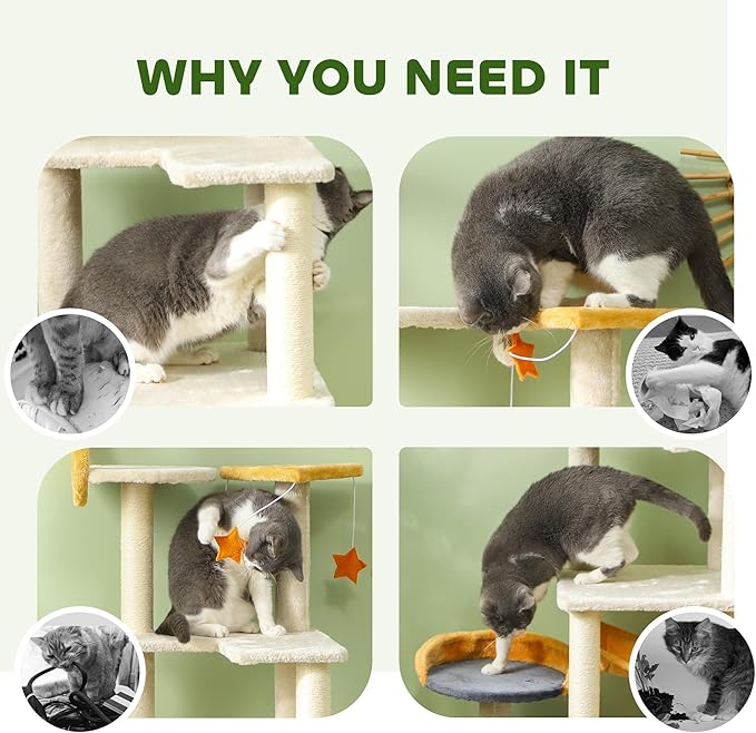 PawHut Cat Tower, 63 Inch Tree for Large Adult Indoor Cats with Scratching Post, Hammock, Condo, Bed, Scratching Board & Toys, Moon and Star Themed Cat Tree Tower, Beige