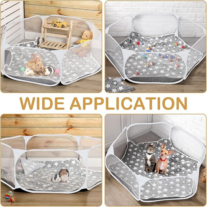 Hamster Playpen with Mat Small Animal Cage Tent Breathable Transparent Guinea Pig Playpen Waterproof Portable Yard Fence Mat Foldable Exercise Playpen Outdoor Indoor (Gray,Star)