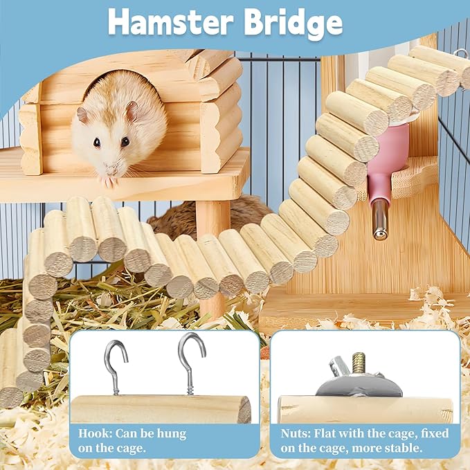kathson 2Pcs Wooden Hamster Suspension Ladder Bridge,Bendable Long Climbing Ladders Pet Cage Toy Accessories Hideout Natural Chew Balls for Mouse Chipmunk Rabbits and Other Small Animals