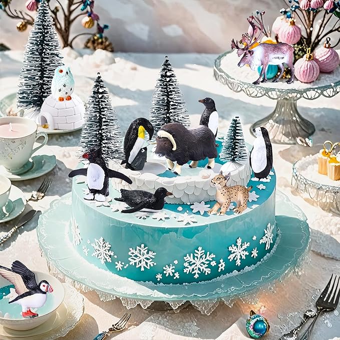 SIENON 60Pcs Arctic Animal Toy Set Includes 23Pcs Mini Polar Animals with Polar Bear, Penguin, Caribou, Puffin, Lynx, 1pc Igloo, 4Pcs Pine Trees, 32Pcs Fake Ice Rocks for School Project Cake Toppers