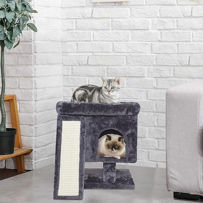 SYANDLVY Small Cat Tree for Indoor Cats Large Adult, Activity Tower with Scratching Post, Modern House with Padded Perch, Kittens Condo with Board, Cat Cave (Smoky Grey)