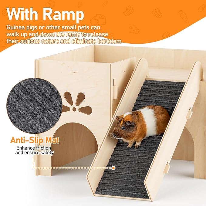 Guinea Pig Hideout House, Basic Large Wooden Hamster House with Climbing Ladder & Multi-Holes, Bunny Castle Tower Toy for Guinea Pig Chinchilla Gerbil Hedgehog Small Animal House Habitat Hut