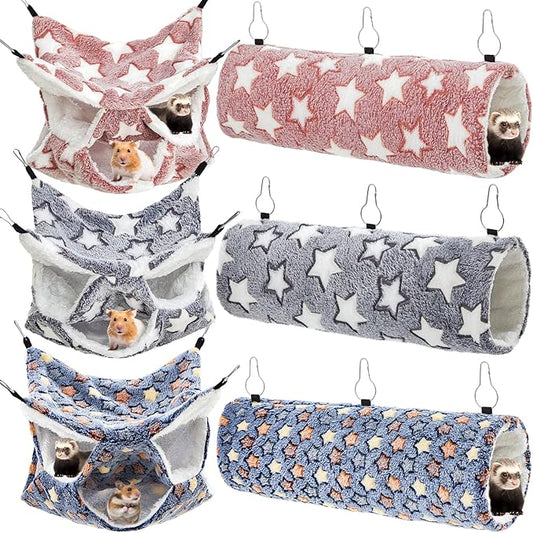 Sweetude 6 Pcs Rat Hammock Set Ferret Hanging Tunnel 3 Tier Guinea Pig Hammocks Hideout Soft Chinchilla Bed for Cage Accessories Hide,Play and Sleep (Dark Color Scheme,Star)