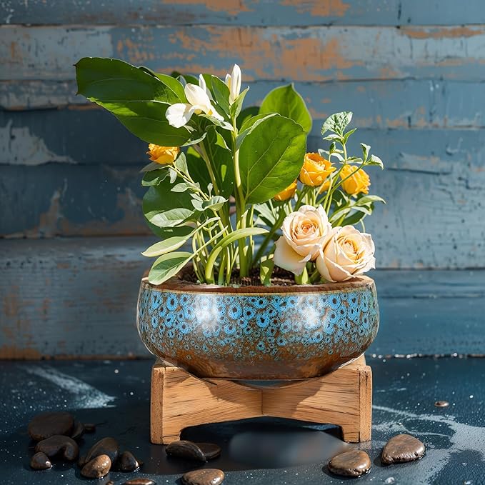 Baderke 2 Pcs Lotus Bowl Planter with Base Ceramic Hydroponic Planter Water Lily Bowl for Planting Aquatic and Indoor Plants Household Ceramic Basin Decor(Blue)