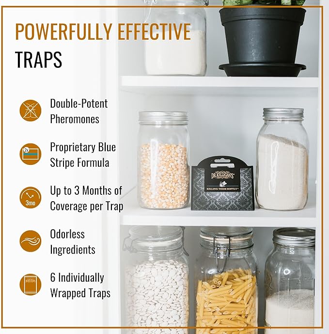 Dr. Killigan's Premium Double Potent Pantry Moth Traps with Pheromones Prime, Sticky Indian Meal Moth Traps for Kitchen, How to Get Rid of Moths in House (6 Pack, Black)