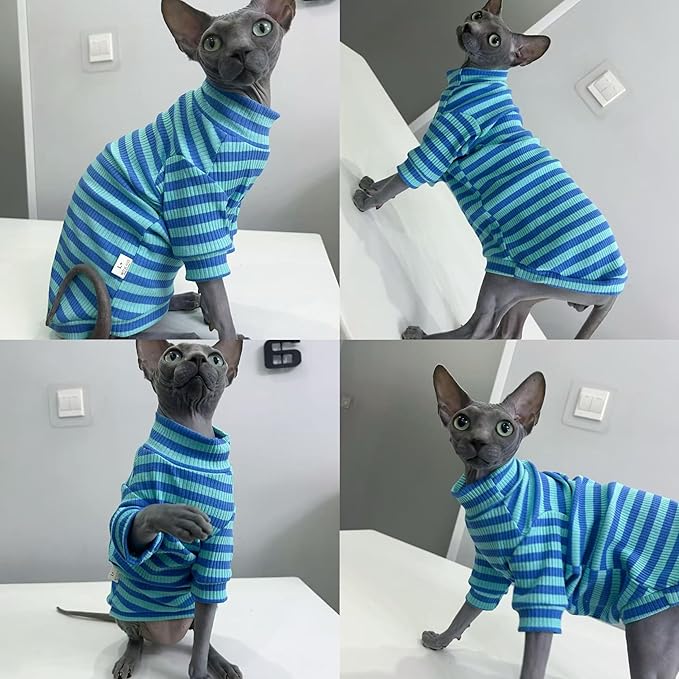 Striped Waffle Knit Shirt for Sphynx Cat, 2-Leg Long Sleeve Lightweight Outfit for Hairless Cats, Soft All-Season Pet Clothes (Blue, XXX-Large (12-15 lbs))
