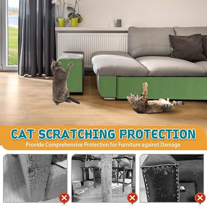Climbing Cat Scratcher Mat Trimmable Cat Scratching Post Carpet 118’’x15.8’’ Self Adhesive Carpet Mat Pad Replacement for Cat Tree Shelves Post Couch Wall Furniture Steps DIY Protector (Green)