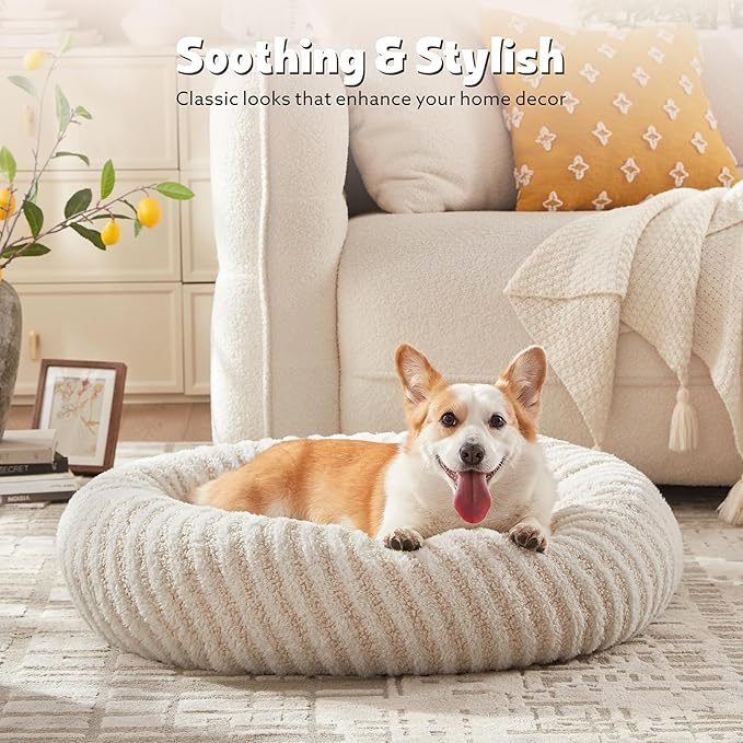 MIXJOY Donut Dog Bed Medium Size, Calming Dog Beds Medium Sized Dogs, Fluffy Plush Faux Fur Round Dog Cat Cuddler with Removable Washable Cover, 30"x30"x8", White