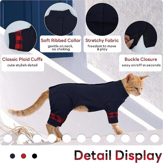 PUMYPOREITY Cat Shirt with Rear Snap Closure, Stretchable Cat Sweater, Comfort Pajamas Post-Bath, Recovery Suit - Full Coverage for Wound Care, Kitten Onesie - Machine Washable, S, Blue