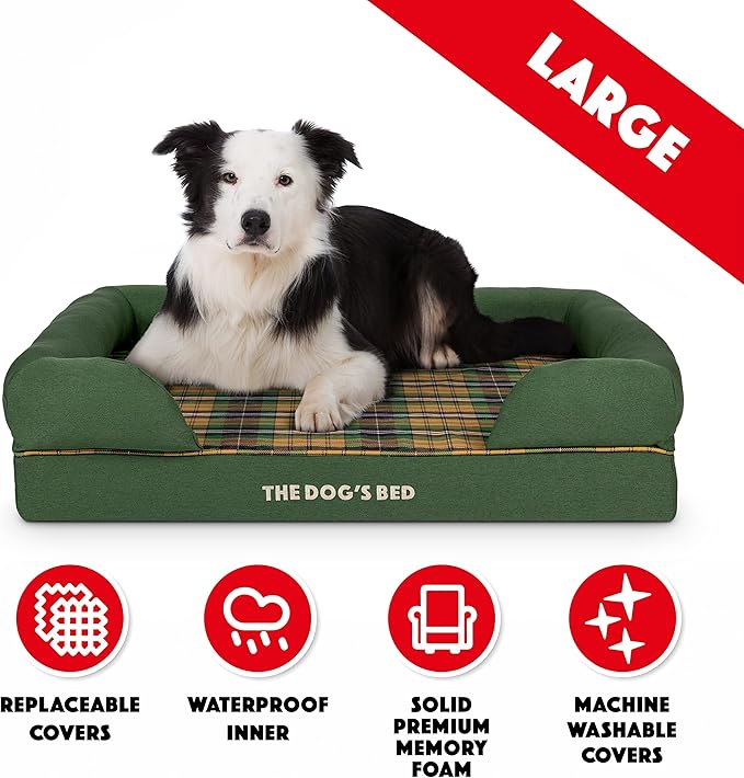 The Dog’s Bed, Large Green Tartan 36x27, Memory Foam, Pain Relief: Arthritis, Hip & Elbow Dysplasia, Post Surgery, Lameness, Supportive, Calming, Waterproof Washable Cover, Veterinary Approved
