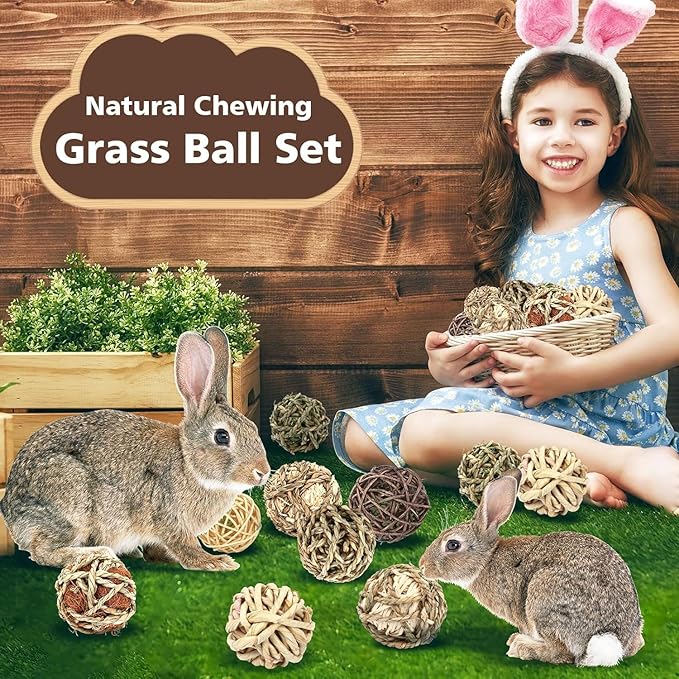 William Craft 2.9 Inch Bunny Chew Grass Balls, 6 Pcs Rolling Chew Toys for Small Animals, Natural Chew Grass Toys and Bunny Treats for Rabbits, Guinea Pigs, Chinchillas, Hamsters, Mice Teeth Grinding