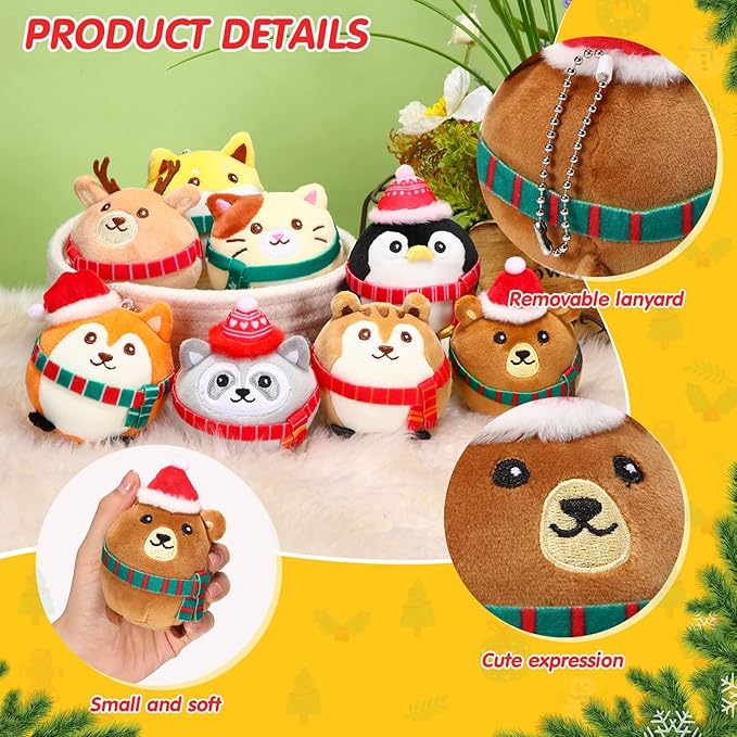 Aoriher 8 Pcs Mini Woodland Animals Plush Toys 3.15 Inch Soft Stuffed Animals Ornaments Bulk Colorful Woodland Keychain for Birthday Baby Shower Party Decors Classroom Prizes(Cap and Scarf)