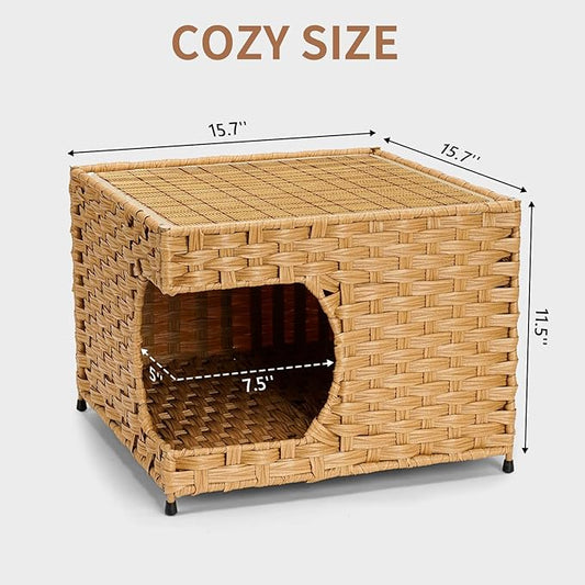 Cat House for Indoor Cats -Handwoven Rattan Cozy Kitten Cave with Double-Sided Soft Cushion, Decorative Pet Bed Furniture