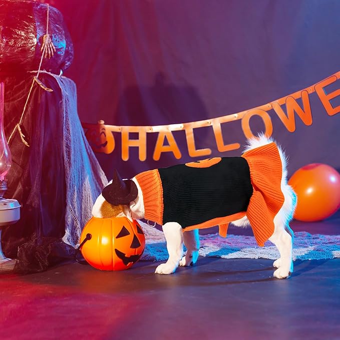 NACOCO Halloween Dog Sweater Dress - Pet Pumpkin Knitted Clothes Cat Sweatshirt Soft Thick Winter Warm Knitwear Outfits Apparel for Small Medium Large Dog Girl Cat (Orange, 2XL)