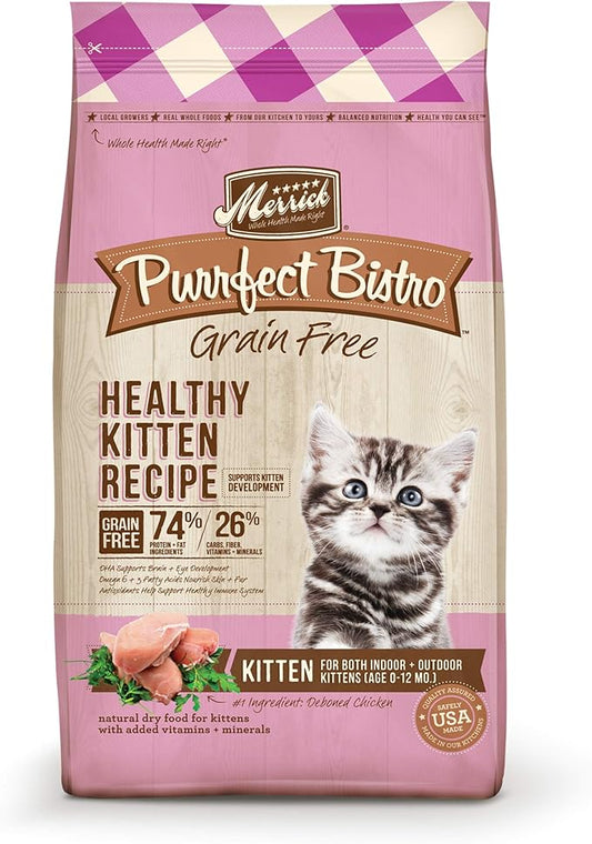 Merrick Purrfect Bistro Premium Grain Free Natural Dry Cat Food For Young Cats, Healthy Kitten Food Recipe - 4 lb. Bag