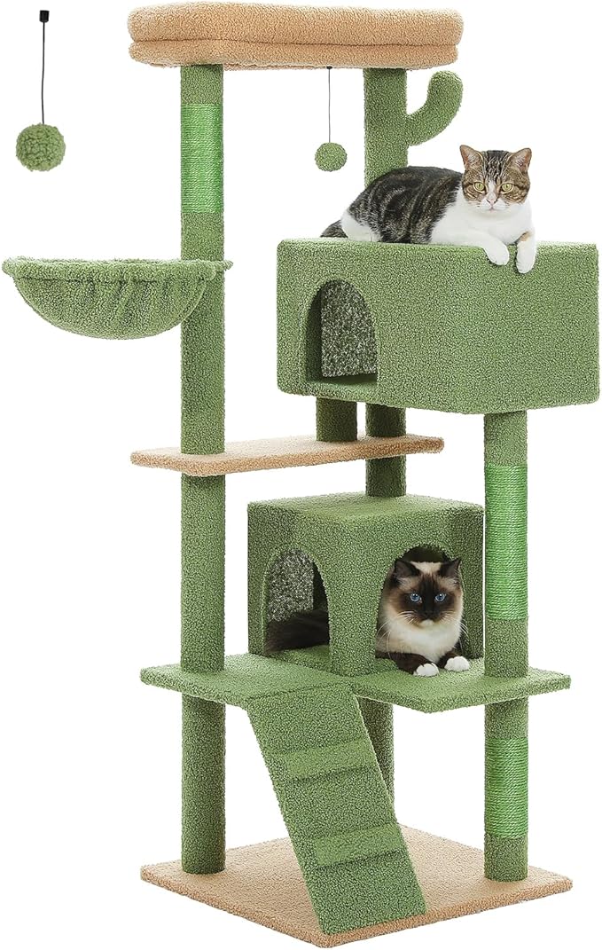 Cactus Cat Tree for Adult Cats with Super Large Top Perch, 56.3" Cat Tower for Cats with Plush Hammock, Dangling Pompom, Cat Scratching Posts and 2 Condos, Green House