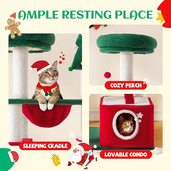SHA CERLIN 67in Tall Cat Tree/Climbing Tower with Top Perch, Hammock, Sisal Scratching Posts/Cute Condo for Indoor Kitties/Pet Feline House/Activity Center/Christmas Decor/Green & Red