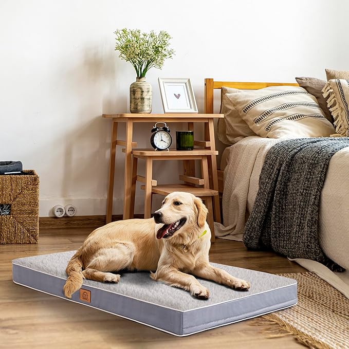 Sunheir Orthopedic Dog Bed for Extra Large Dogs, Jumbo Waterproof Deluxe Plush Dog Crate Bed with Removable Washable Cover & Anti-Slip Bottom, Egg Crate Foam Pet Bed Mat, 47.5 x 29 Inches, Silver Grey