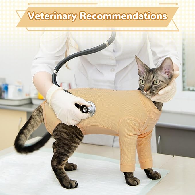 PUMYPOREITY Adjustable Cat Recovery Shirt, Front Leg Injury Suit, Stretchable & Comfortable, Anti-Licking Long Sleeve Wound Cover, Prevents Scratching & Biting, Machine Washable, Orange, S