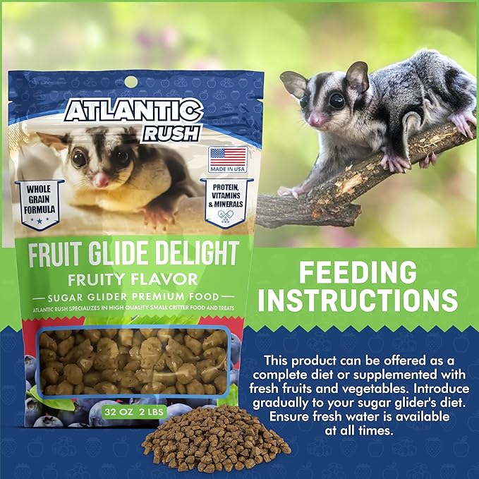 Atlantic Rush Fruit Glide Delight Sugar Glider Food - 2lb Resealable Bag of Food for Sugar Gliders - Sourced and Made in USA - Sugar Glider Supplies - Sugar Glider Stuff - Sugar Glider Treats