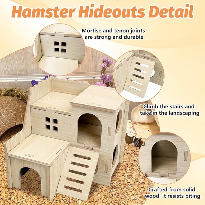BNOSDM Wood Hamster House Dwarf Hamster Natrual Hideout with Ladder Gerbils Climbing Exploring Seesaw Toys Cage Accessories for Syrian Hamsters Mouse Mice