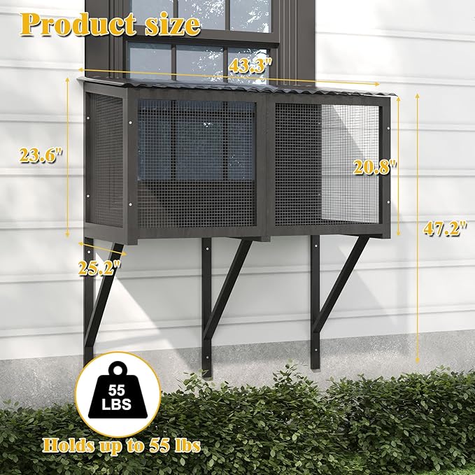 ROOMTEC Cat Catio, Cat Window Box for Indoor Cats Wooden Cat Window Perch for Multi Cats All Weather Use Outdoor Haven Enclosure for Safely Enjoying The Outdoor Sights Scents and Napping,Grey
