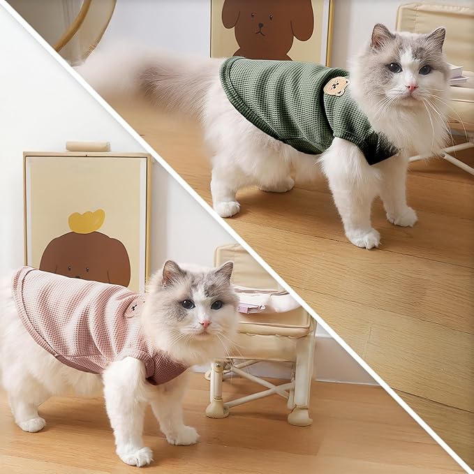 2 Pack Shirts for Cat, Small & Medium Dog Clothes, Waffle-Knit Puppy Shirts, Lightweight, Breathable, Stretchy Pet Clothes, Sleeveless Tee Shirt Gift for Cats & Dogs (Green&Pink, Small)