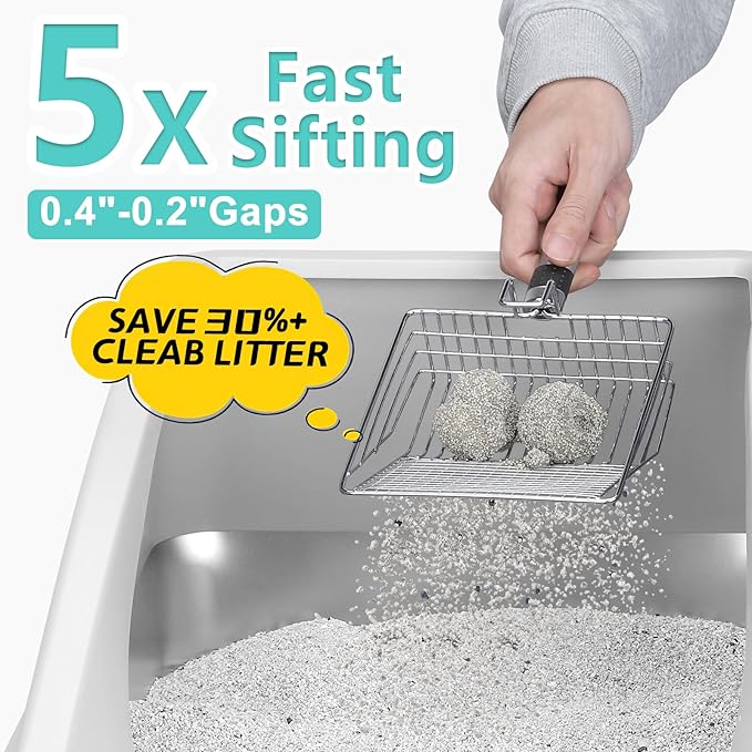 Stainless Steel Litter Box | XL Enclosed Cat Litter Boxs with Lid for Big Cats | High Sided, Anti-Urine Leakage | Non-Stick Bottom & Includes Litter Mat & Metal Scoop