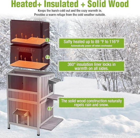 GUTINNEEN Heated Cat House, 2-Story Outdoor Cat House, Heated Cat Houses for Outside Cats with Heater and Insulated Liner