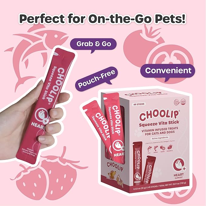 Squeeze Vita Stick Lickable Cat and Dog Treats – 49-Count Heart Support Sticks with Multivitamins, Soft Squeezable Paste for All Life Stages, Supporting Heart Health