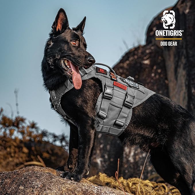 OneTigris Large Tactical Dog Harness, No Pulling Adjustable Dog Vest Harness, Heavy Duty Dog Harness with Handle, Large Hook and Loop Panels for Patch(Grey,S)