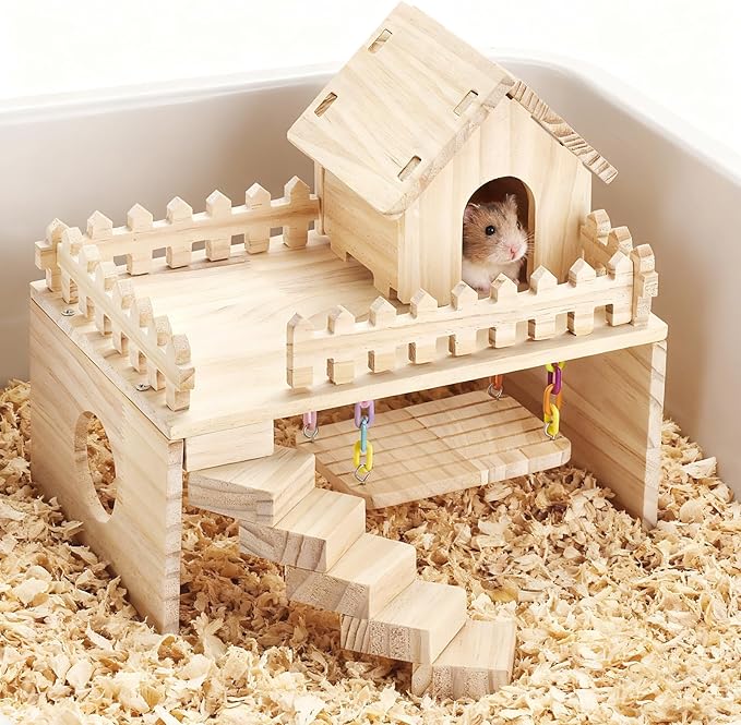 Wooden Hamster Hiding Place, Hamster Cabin with Ladder, Swing Platform Decoration, Detachable Small Animal cage Accessories, Suitable for mice, Sand Rats and Other Small Pets