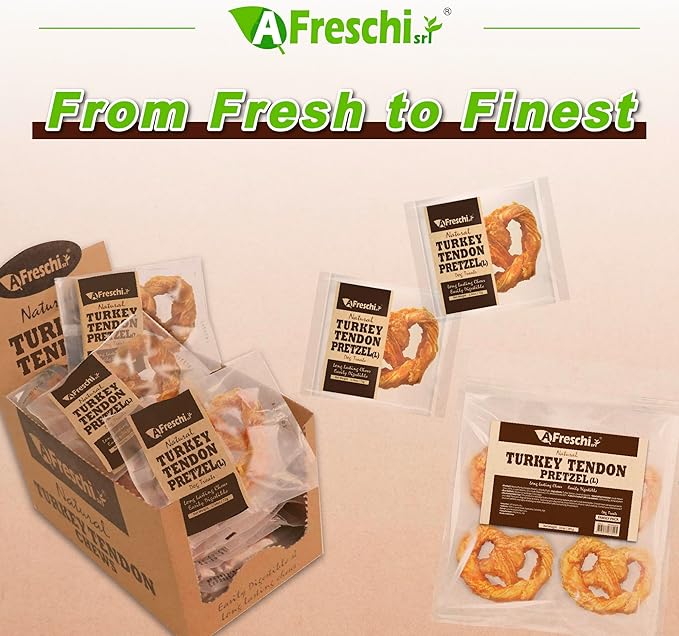 AFreschi Natural Turkey Tendon Pretzel (L) 10 oz, USA-Sourced Turkey Tendon, All Natural Puppy Chew, Hypoallergenic, Rawhide Alternative, for Large Breeds