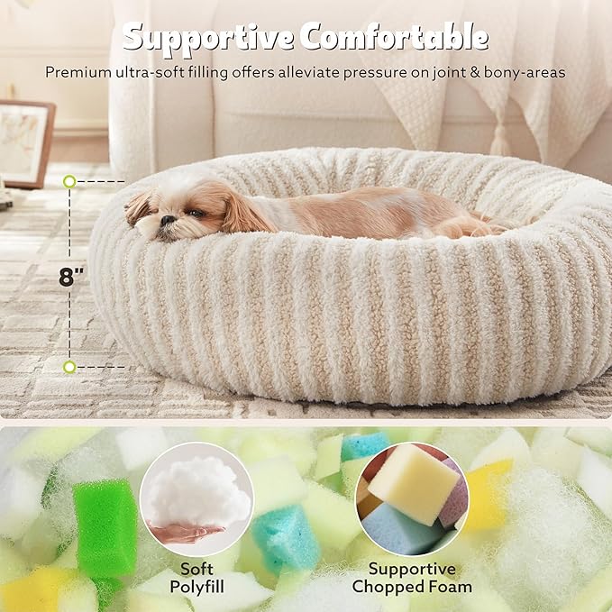 MIXJOY Donut Dog Bed Medium Size, Calming Dog Beds Medium Sized Dogs, Fluffy Plush Faux Fur Round Dog Cat Cuddler with Removable Washable Cover, 30"x30"x8", White