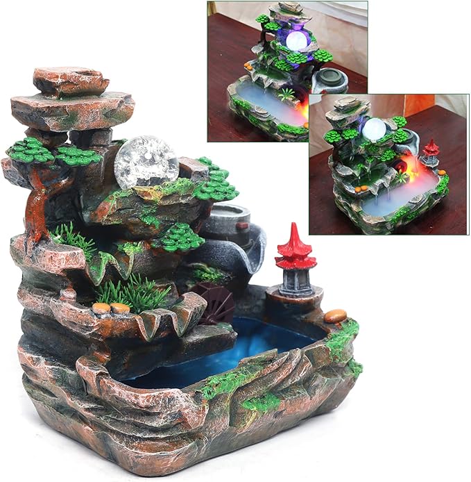 Tabletop Waterfall Fountain with Rockery, Mini Silent Indoor Ornament Desk Calming Water Fountain Desktop Simulation Resin with Atomizer LED Light for Office Bedroom Home Table Decor Multi-Layer
